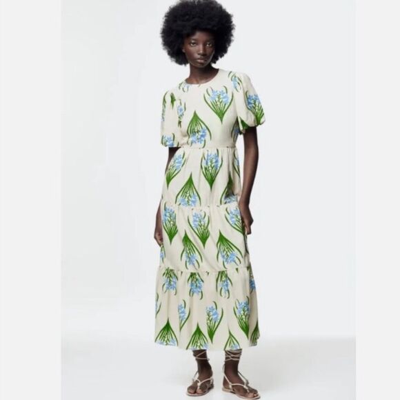 Zara Women’s Ecru Floral Printed Linen Cotton Midi Dress - Picture 1 of 11